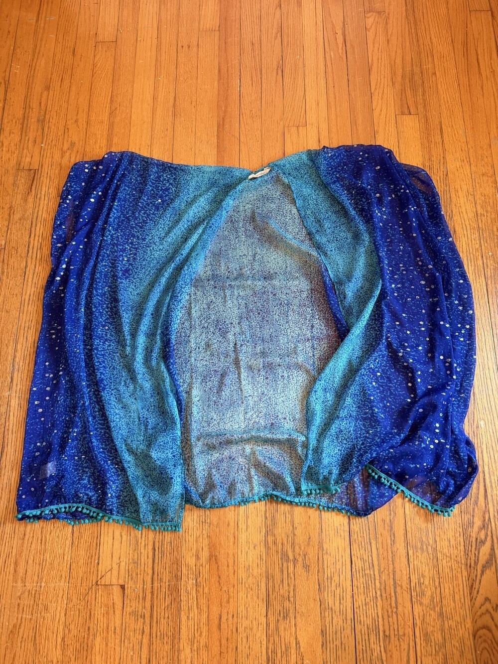 Soft Surroundings Women Blue Sheer Kimono Top Glitter Fringe